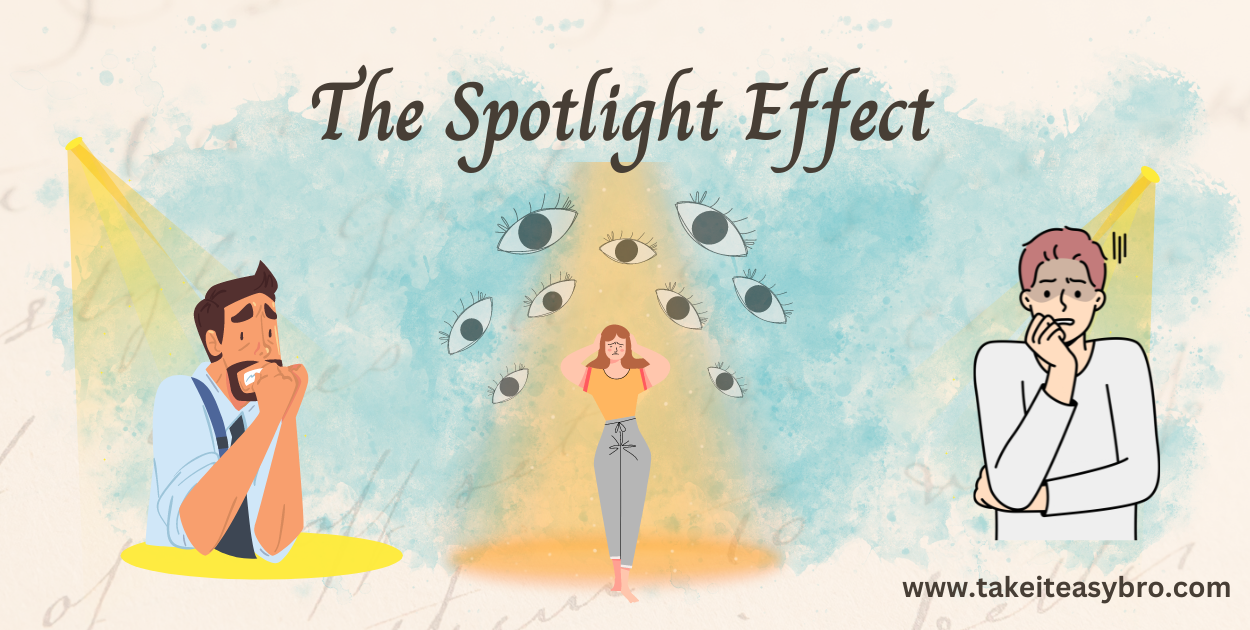 An illustration of the spotlight effect, where a person feels like they are the center of attention in a crowd, believing everyone is focused on their appearance or actions, even though in reality, others are barely noticing them. This concept highlights the tendency to overestimate how much others notice or care about us.