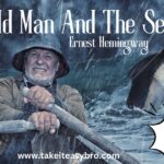 The Old Man and the Sea by Ernest Hemingway, depicting a solitary fisherman in a small boat on a vast ocean, conveying themes of perseverance, isolation, and the relentless forces of nature.