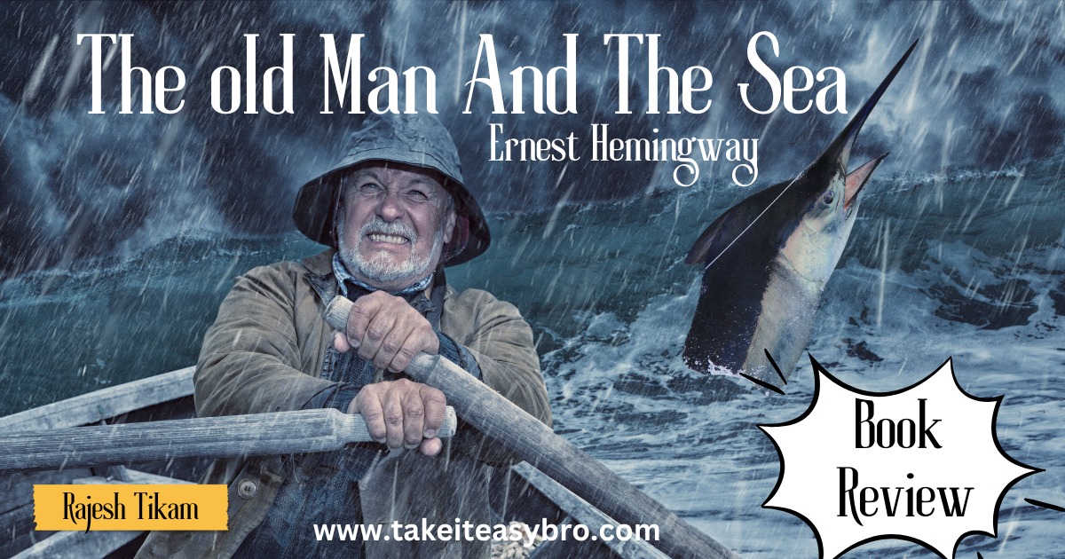 The Old Man and the Sea by Ernest Hemingway, depicting a solitary fisherman in a small boat on a vast ocean, conveying themes of perseverance, isolation, and the relentless forces of nature.