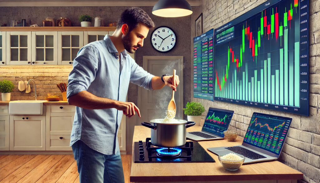 A man cooking rice on a stove in a modern kitchen, with a large stock market graph displayed in the background. The image symbolizes the parallels between investing and cooking, emphasizing patience, strategy, and timing in financial decision-making.