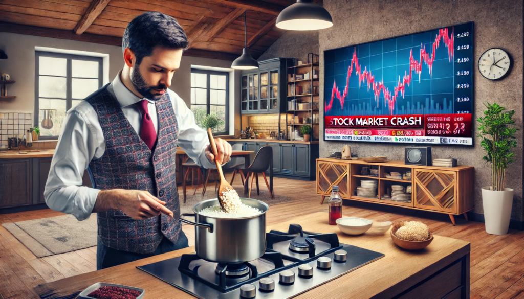 A man cooking rice on a stove in a modern kitchen, with a large stock market graph displayed in the background. The image symbolizes the parallels between investing and cooking, emphasizing patience, strategy, and timing in financial decision-making.