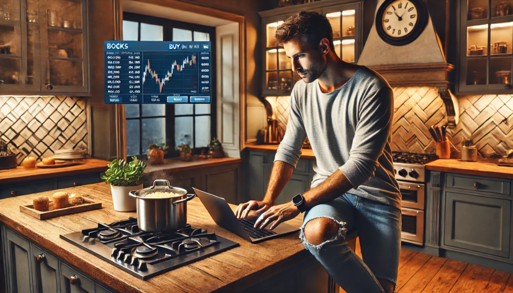 A man cooking rice on a stove in a modern kitchen, with a large stock market graph displayed in the background. The image symbolizes the parallels between investing and cooking, emphasizing patience, strategy, and timing in financial decision-making.