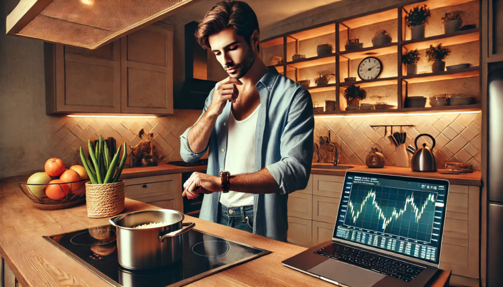 A man cooking rice on a stove in a modern kitchen, with a large stock market graph displayed in the background. The image symbolizes the parallels between investing and cooking, emphasizing patience, strategy, and timing in financial decision-making.