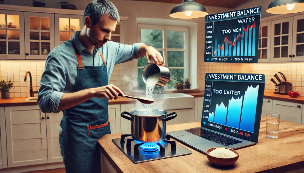 A man cooking rice on a stove in a modern kitchen, with a large stock market graph displayed in the background. The image symbolizes the parallels between investing and cooking, emphasizing patience, strategy, and timing in financial decision-making.