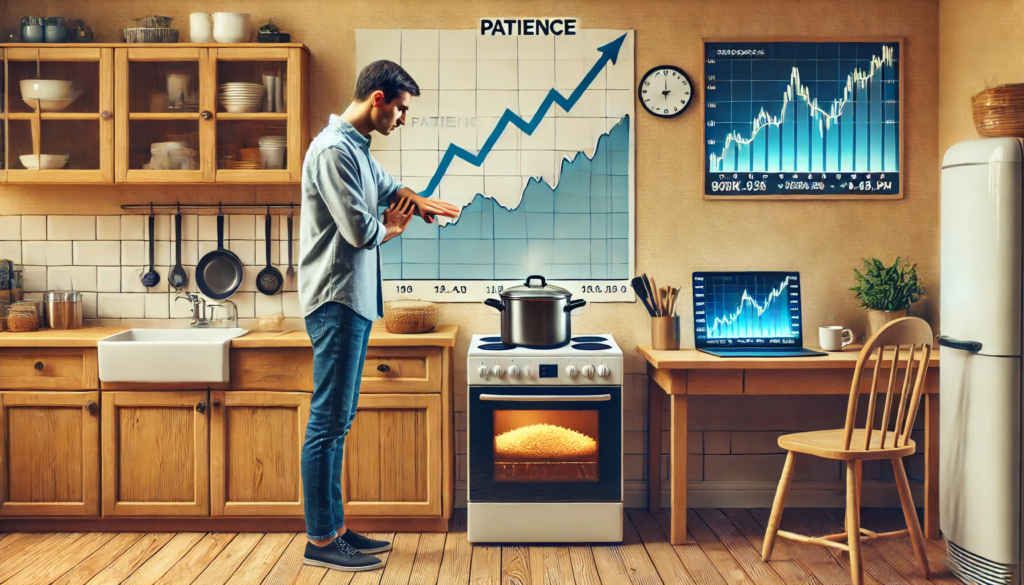 A man cooking rice on a stove in a modern kitchen, with a large stock market graph displayed in the background. The image symbolizes the parallels between investing and cooking, emphasizing patience, strategy, and timing in financial decision-making.