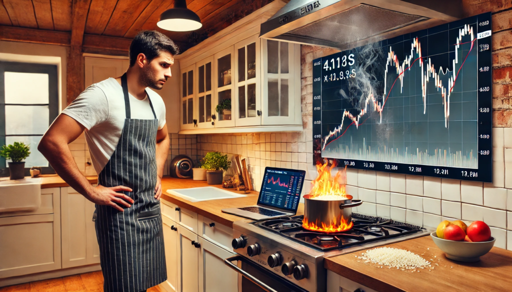 A man cooking rice on a stove in a modern kitchen, with a large stock market graph displayed in the background. The image symbolizes the parallels between investing and cooking, emphasizing patience, strategy, and timing in financial decision-making.