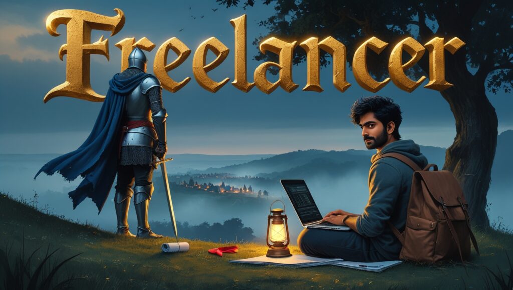 Weird Word Origins, freelancer man working next to knight